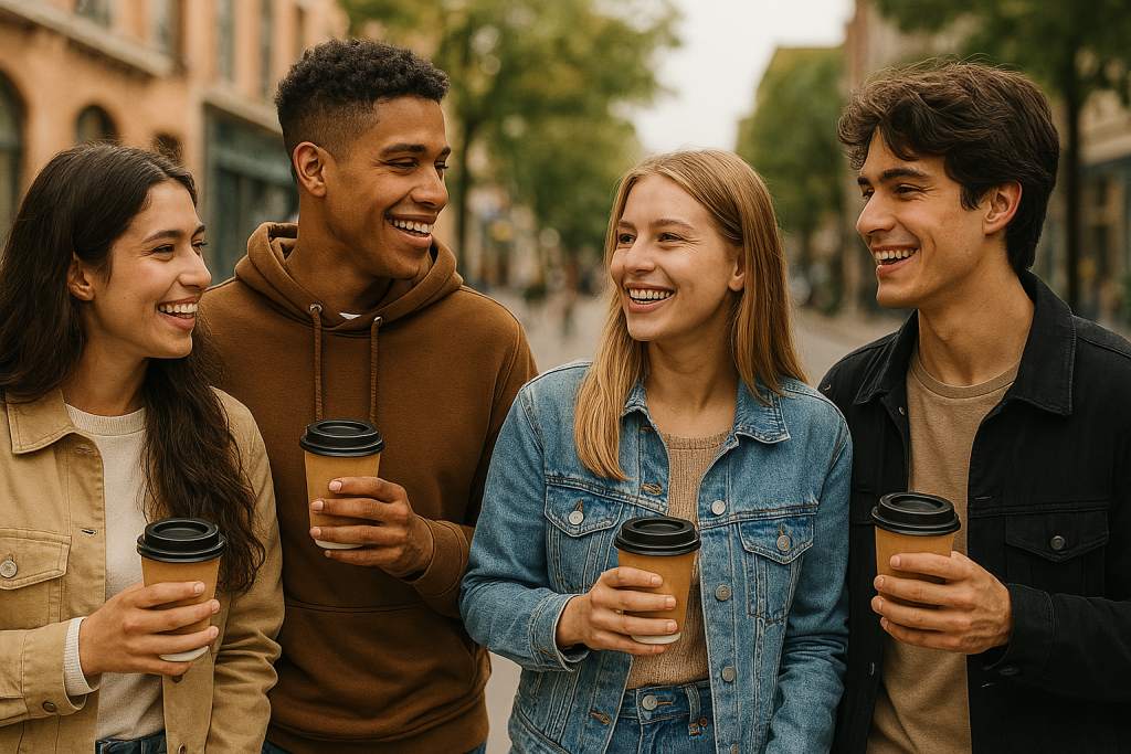 Junge Leute genießen Coffee-to-go (KI generiert)