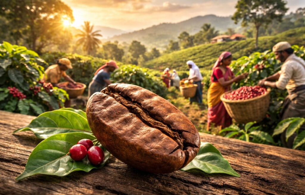 KI generiertes Bild: vorn eine große Kaffeebohne, dahinter eine Szene einer Kaffeeplantage