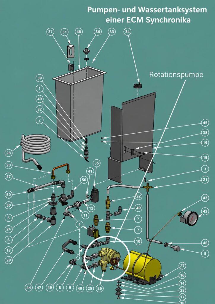 Die Rotationspumpe als Bauteil bei ECM Synchronika Espressomaschinen (teilw. KI generiert).